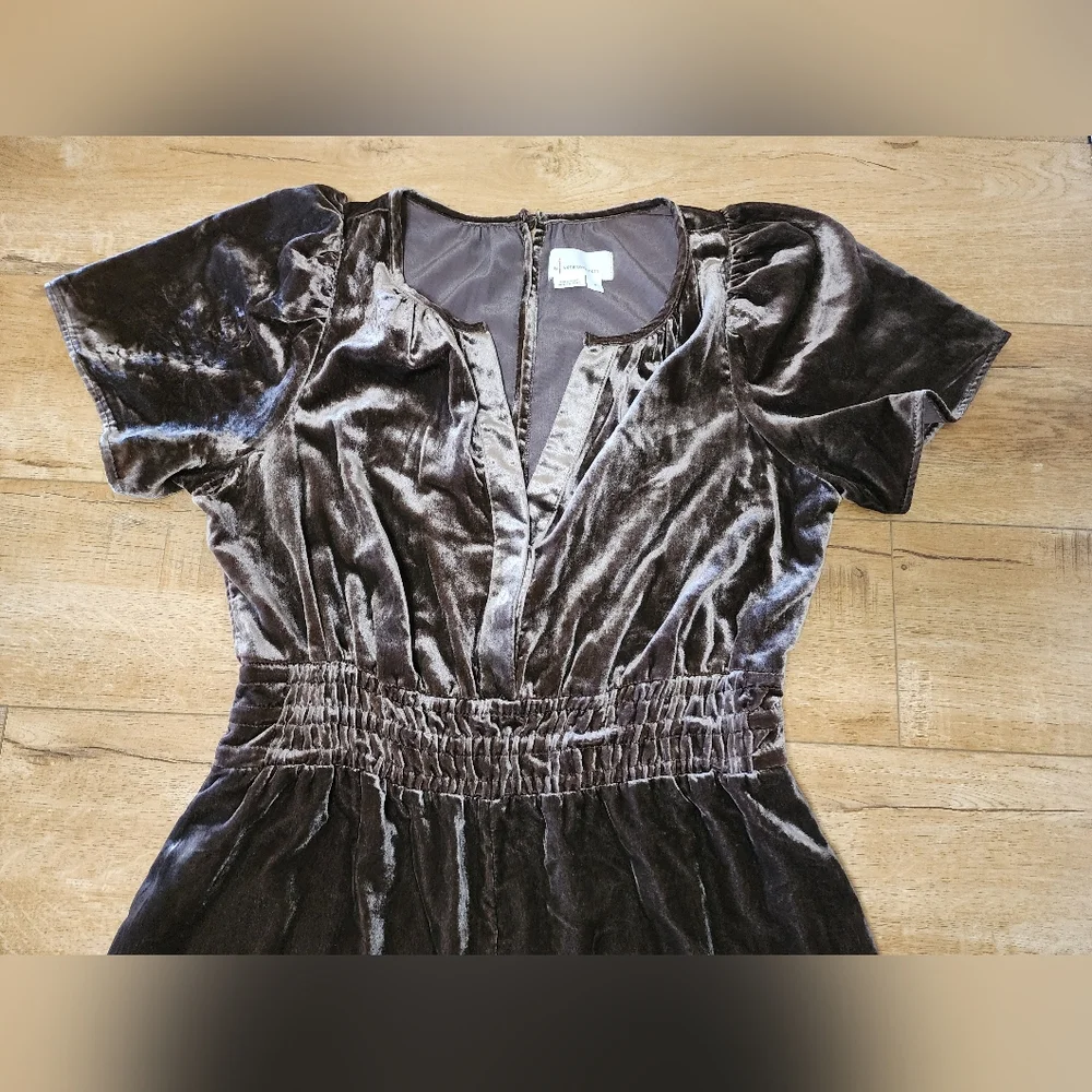 $188 Anthropologie Somerset Jumpsuit Velvet Short Sleeve Wide Leg Brown Gold M - Picture 4 of 11